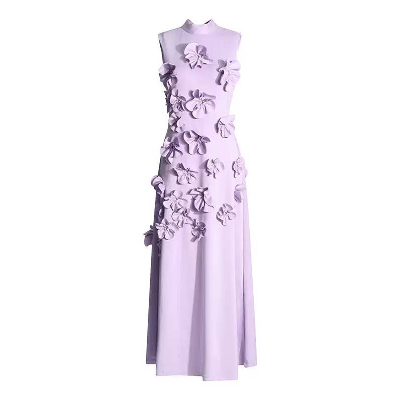 DR0206Y Chic Collar Sleeveless Dress with 3D Flowers