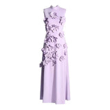 DR0206Y Chic Collar Sleeveless Dress with 3D Flowers
