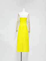 47Y Yellow Retro Tube Top Dress with 3D Floral Embroidery