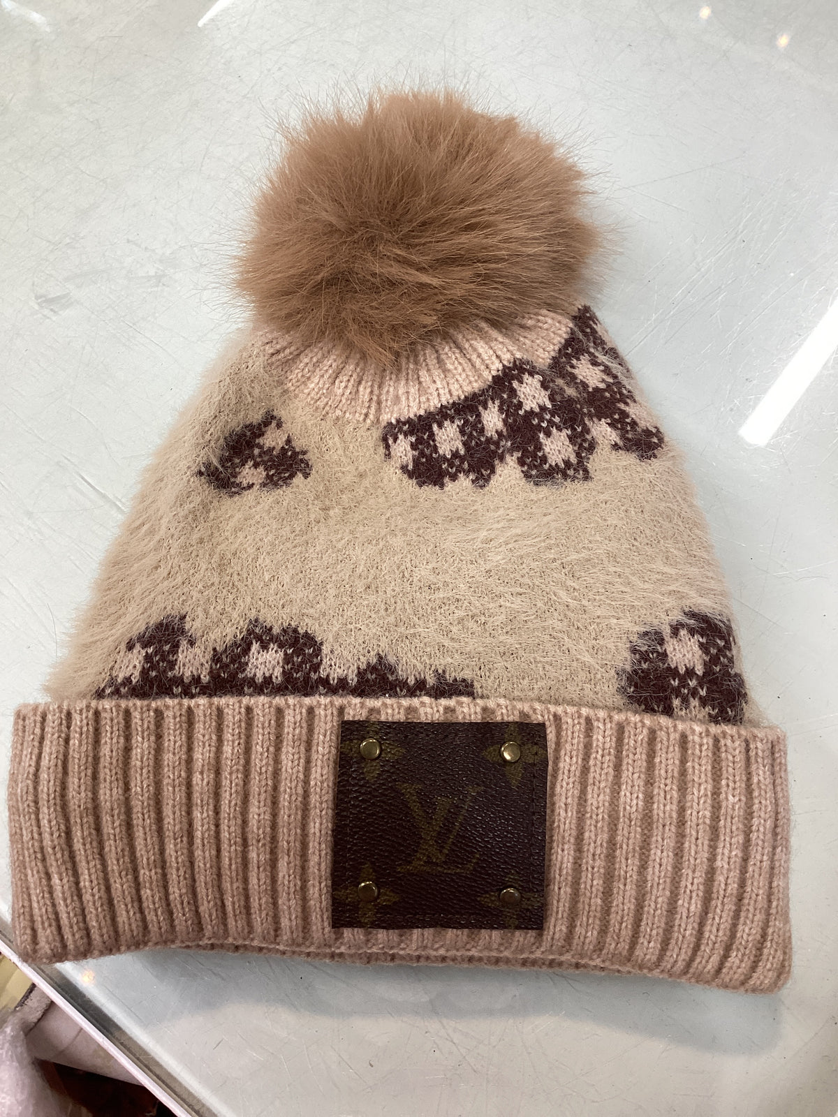 Upcycled LV Hat w/ Pom Pom