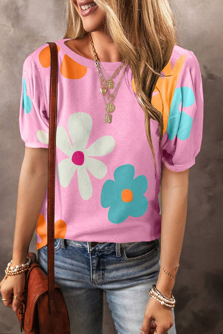 Flower/Bowknot Print Bubble Sleeve Tee