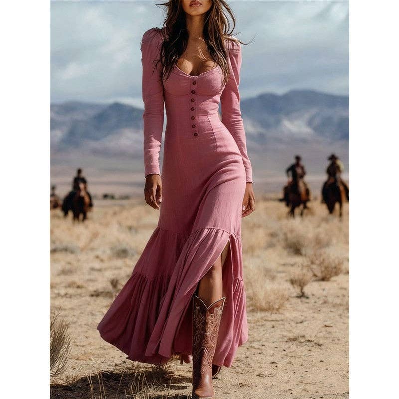 Retro Western Button Ruffle Sleeve Sexy Long Dress