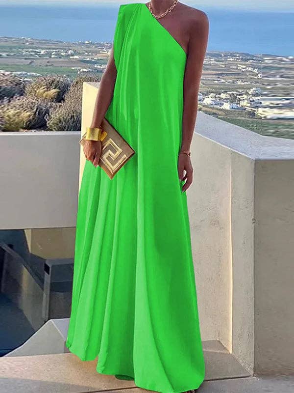 Loose Asym Solid Split One-Shoulder Maxi M / GREEN