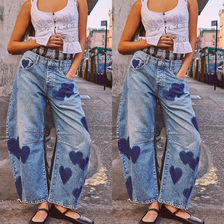Vintage Heart Pattern Loose Denim Wide Leg Pants