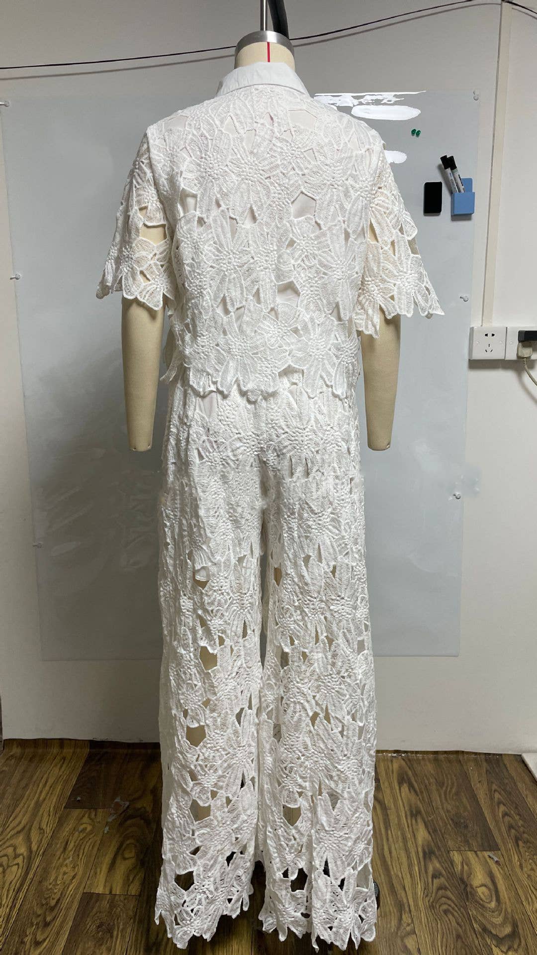 Crochet Floral Lace Button-down shirts & wide leg pant set