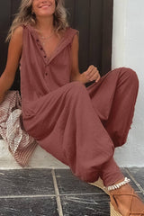 Button Down Hooded  Jumpsuit