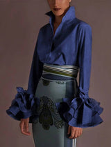 V neck long sleeve flower hem blouse