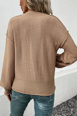 WOMEN SOLID COLOR CREW NECK POCKET SWEATER_CWOSWL1510: KHAKI / (L) 1