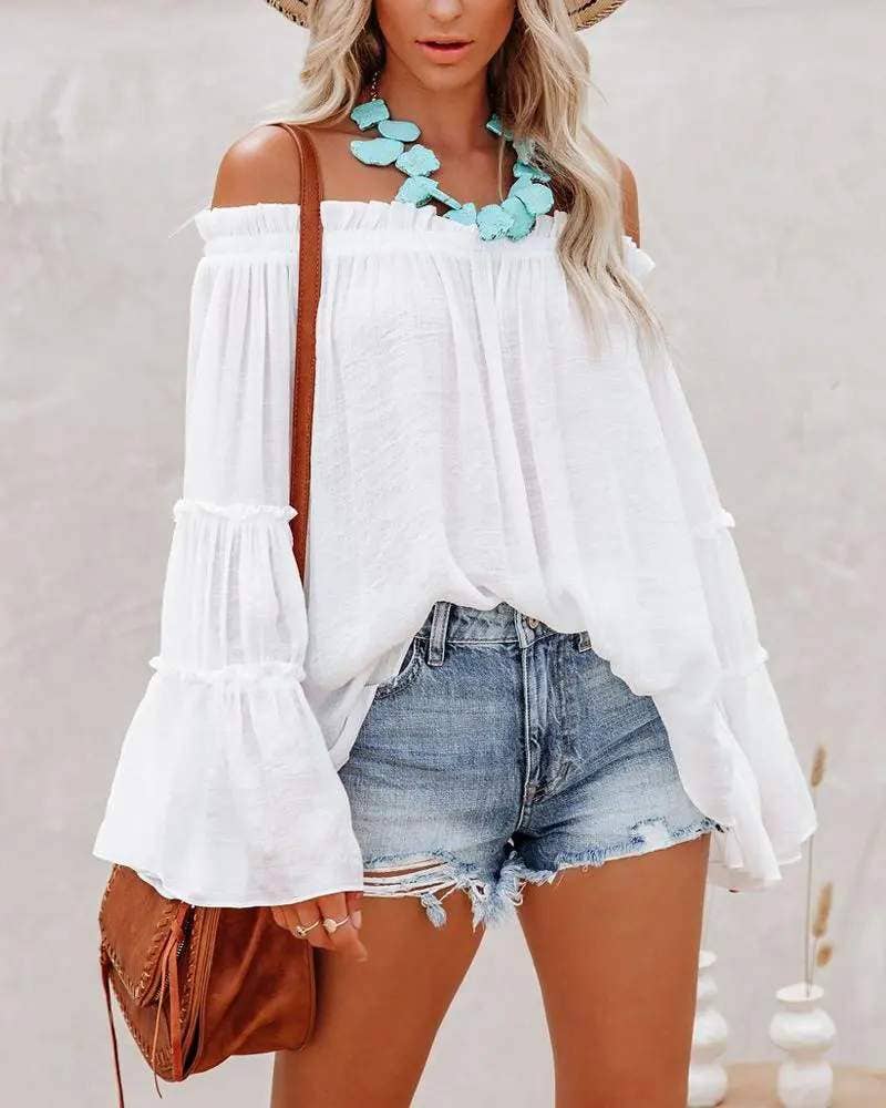 Frill hem off shoulder bell sleeve top