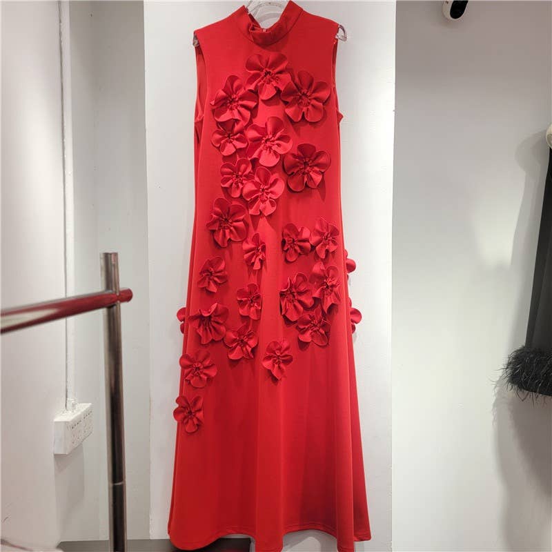 DR0206Y Chic Collar Sleeveless Dress with 3D Flowers