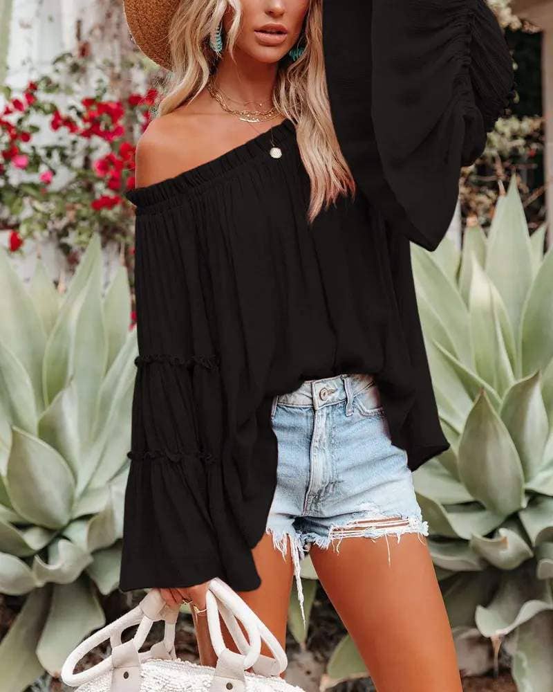 Frill hem off shoulder bell sleeve top