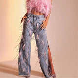 Women Fashion Feather Tassel Split Jeans