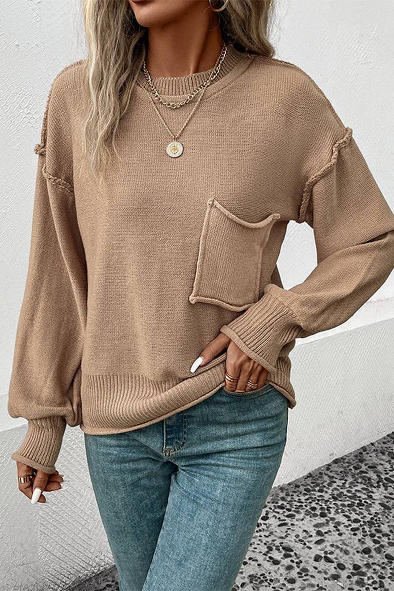 WOMEN SOLID COLOR CREW NECK POCKET SWEATER_CWOSWL1510: KHAKI / (L) 1