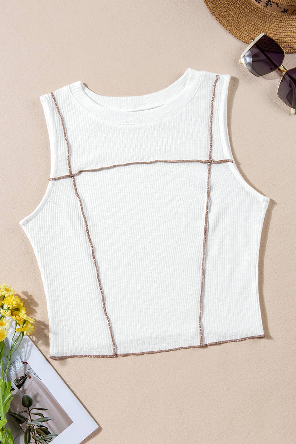 Contrast Seams Ribbed Tank Top