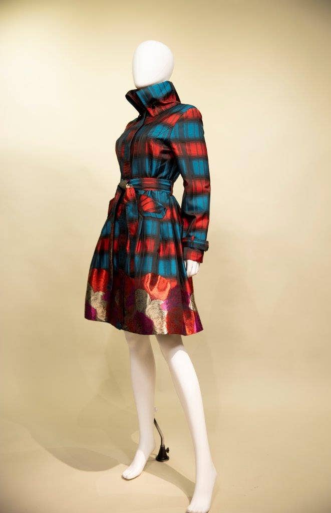 Yarn-Dyed Plaid & Floral Brocade Dress-Coat Pocket - 17244