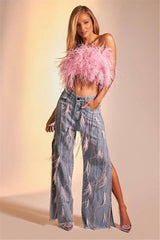Women Fashion Feather Tassel Split Jeans