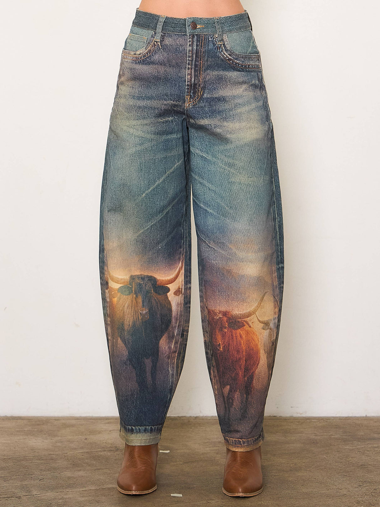 Long Horn Digital Print Baggy Jeans