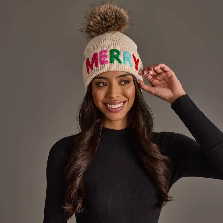 H-800 Beige Merry Pom Hat