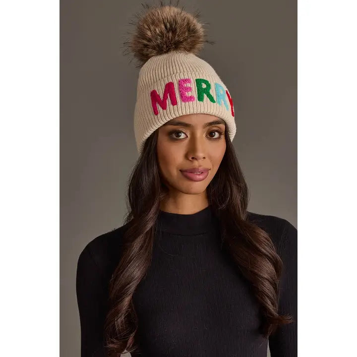 H-800 Beige Merry Pom Hat