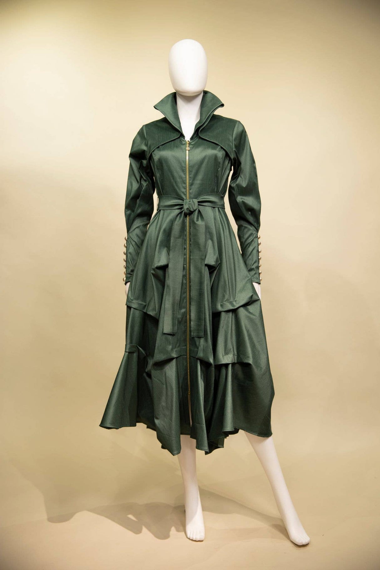 Stretch Dupioni Sculptural Zip Pleats Dress - F23011