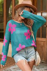 LDC Big Flower Hollowed Knit Drop Shoulder Sweater