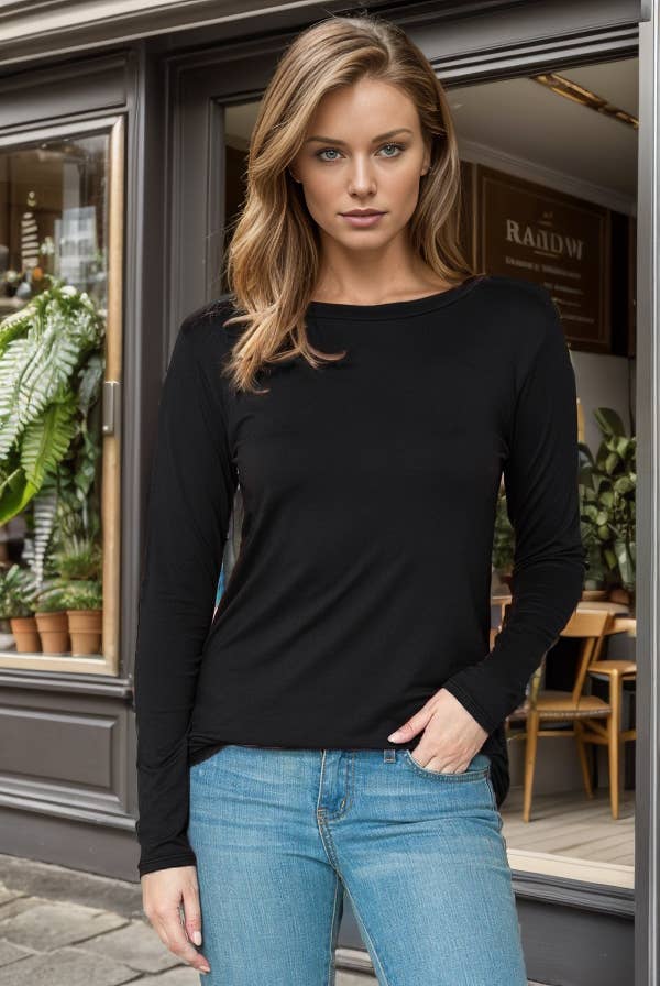 ROUNDED BOTTOM SOLID BASIC LONG SLEEVE TOP