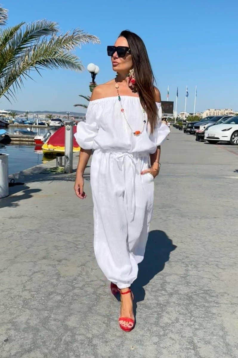 Off Shoulders White Linen Jumpsuit BOHEMY