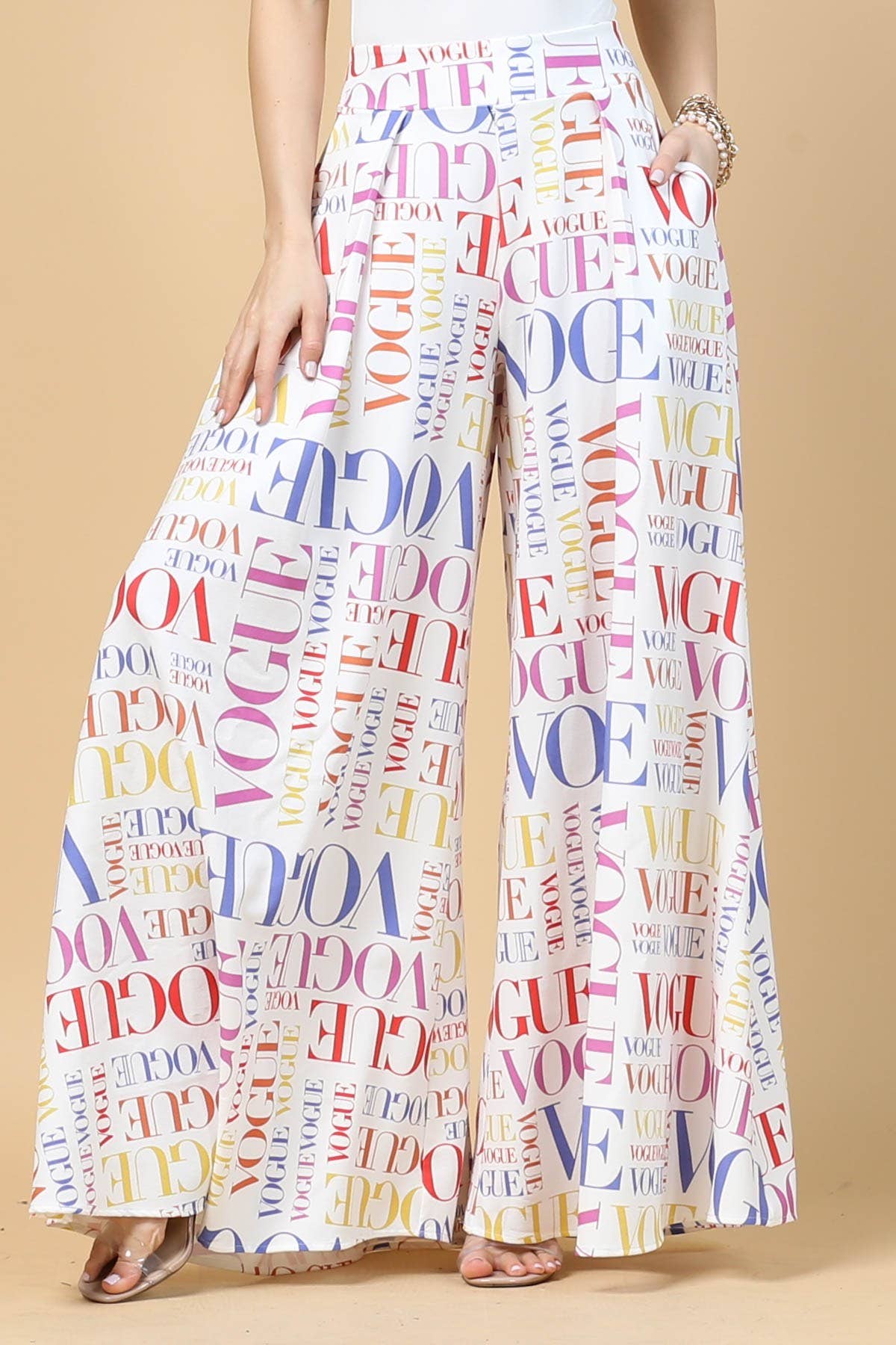 P919WH-MULTIVOGUE2-Women White Multi Vogue Palazzo Wide Pant