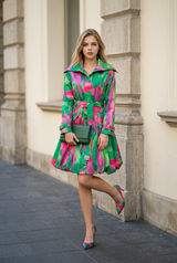 Printed Dupioni Bubble Coat Dress Fully Lined Zipper - 11665