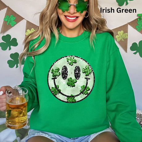 Faux Sequin smiley crewneck with shamrocks st patricks day