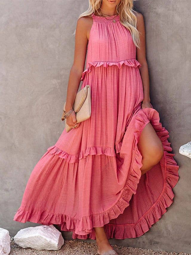 Resort-Style Ruffles Swing Floaty Lining Beach Dress