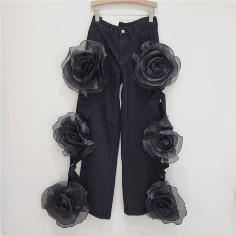 PT021Y Pink Rose Denim Palazzo Pants - High Waist