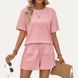 Leisurely Knit Short Sleeve Top and Shorts Two-Piece Set