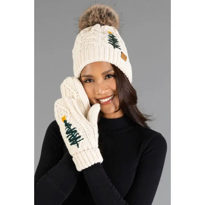 M-621 Beige Cable Knit Mittens w/ Tree