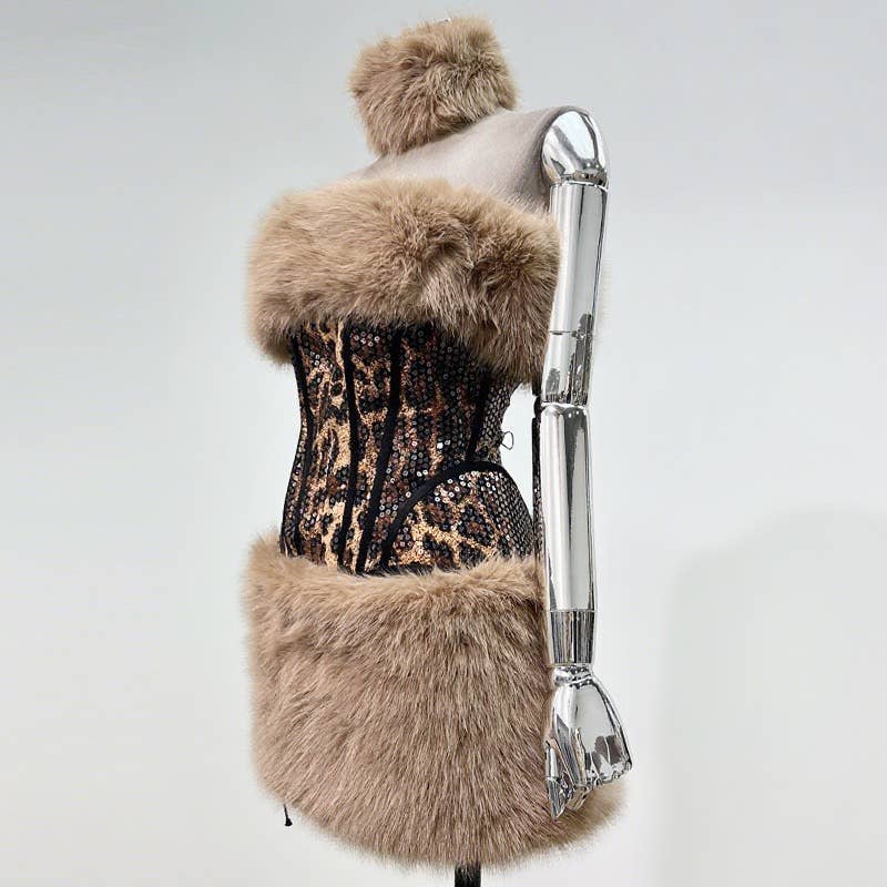 59Y Leopard Sequin Tube Top with Eco-Fur Three-Piece Set