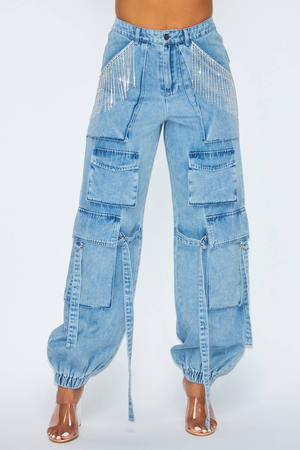 Blessed Rhinestone Fringe Cargo Denim Jogger Pant HDP30466ME