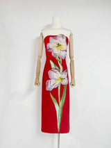 47Y Yellow Retro Tube Top Dress with 3D Floral Embroidery