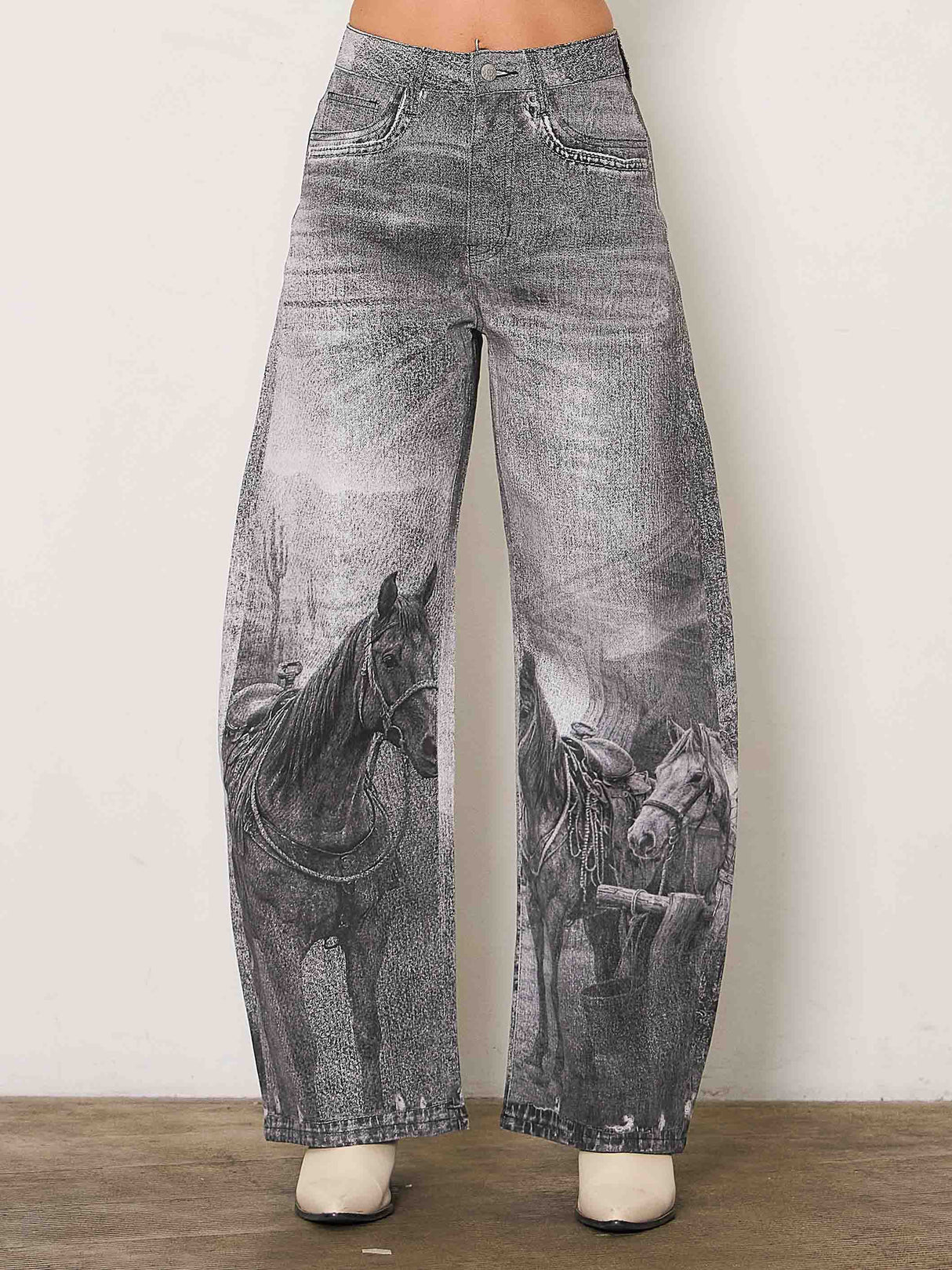 Western Black Horse Digital Printed Baggy Jeans