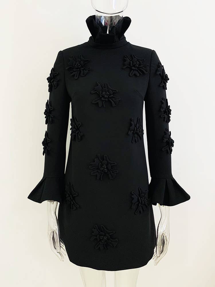 DR079 Handmade Three-dimensional Flower Bell Sleeve Dress