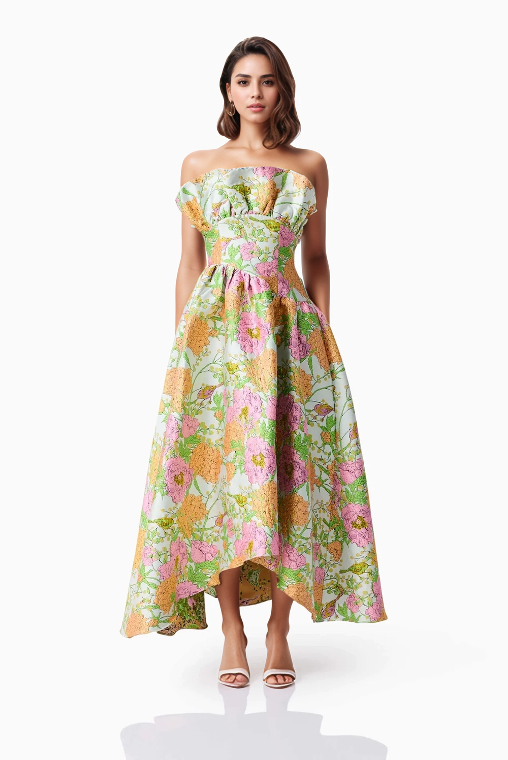 PS15 Pink Floral Jacquard Strapless High-Low Midi Dress