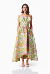 PS15 Pink Floral Jacquard Strapless High-Low Midi Dress
