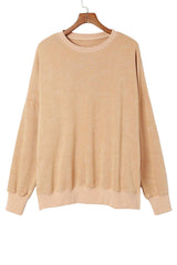 Khaki Drop Shoulder Ribbed Trim Oversized Sweatshirt: Khaki / L / 75%Polyester+25%Cotton