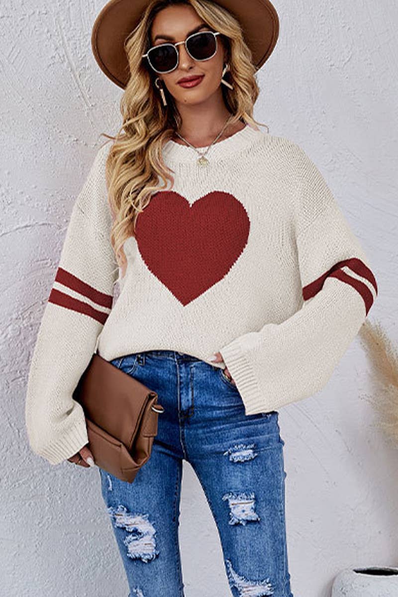 Valentine's Day color match heart peach crew-neck sweater