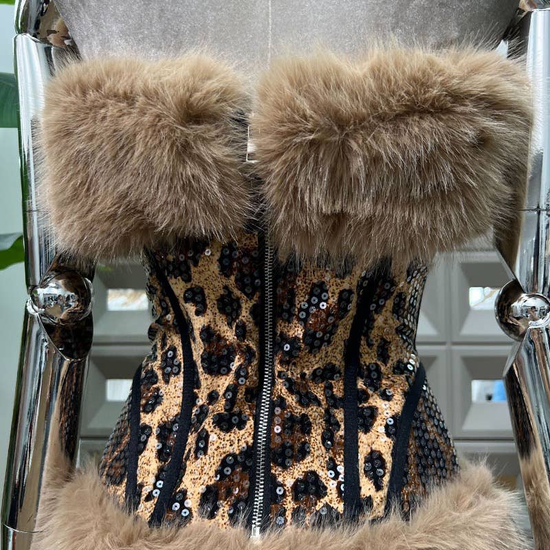 59Y Leopard Sequin Tube Top with Eco-Fur Three-Piece Set