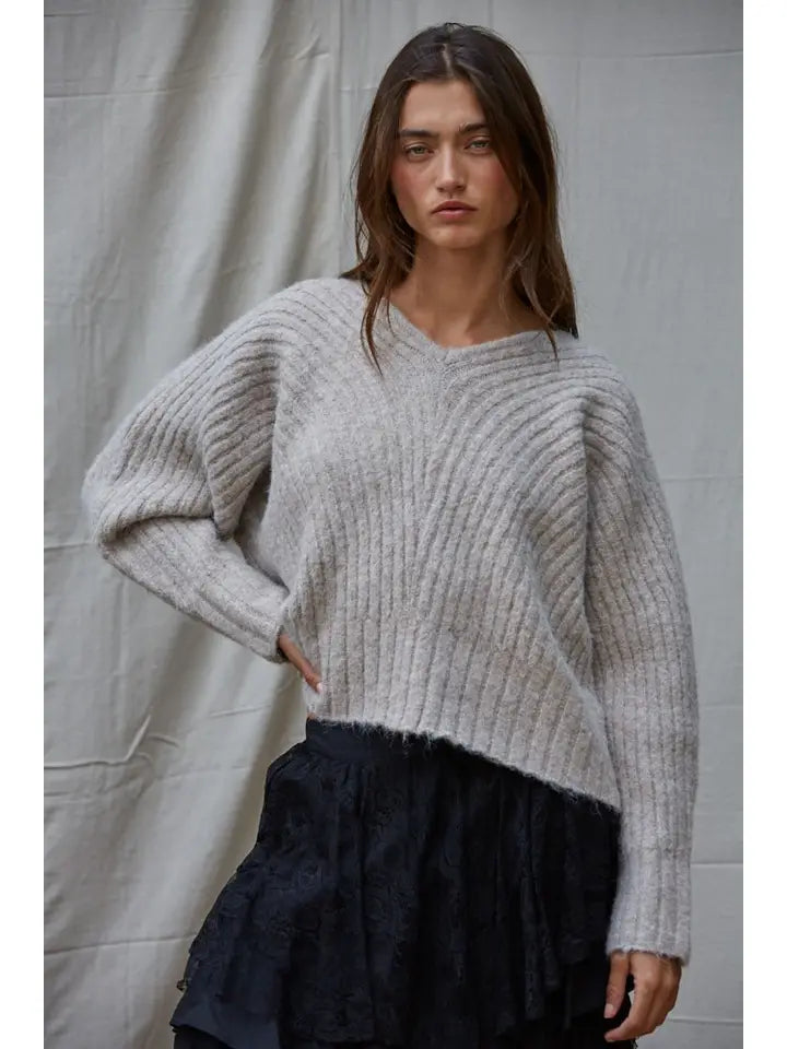 W1838 Knit Sweater Ribbed Deep V-Neck Long Sleeve Pullover