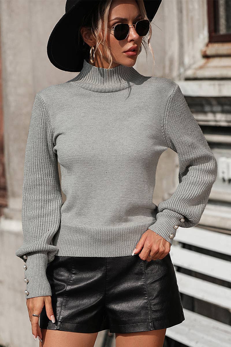 WOMEN TURTLE NECK FITTED RIB SLEEVE KNIT SWEATER_CWOSWL0283