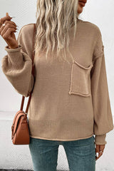 WOMEN SOLID COLOR CREW NECK POCKET SWEATER_CWOSWL1510: KHAKI / (L) 1