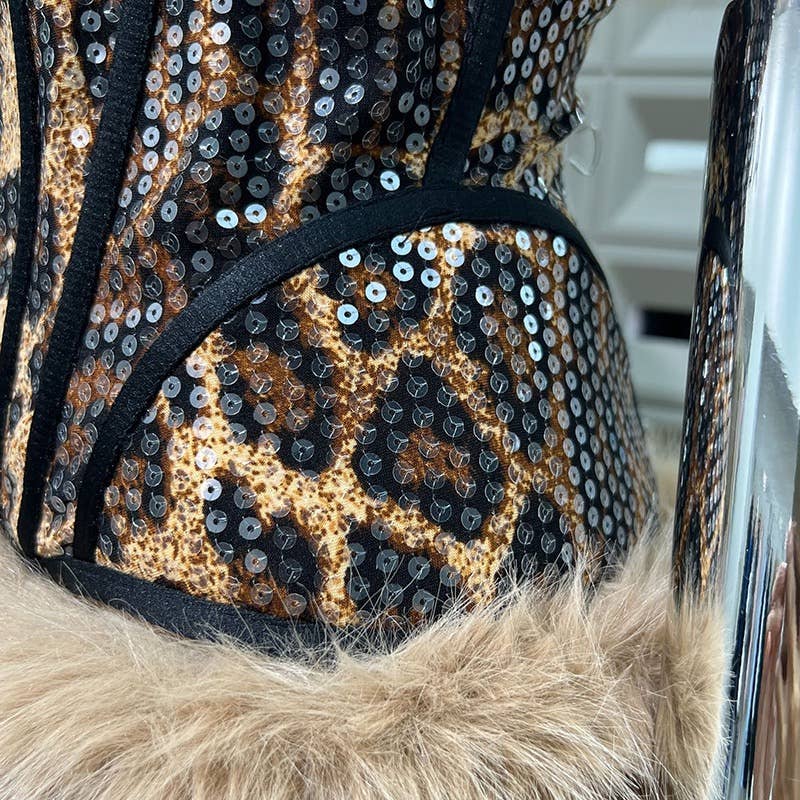 59Y Leopard Sequin Tube Top with Eco-Fur Three-Piece Set