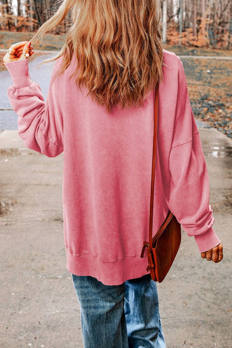 Pink Drop Shoulder Ribbed Trim Oversized Sweatshirt: Pink / M / 75%Polyester+25%Cotton