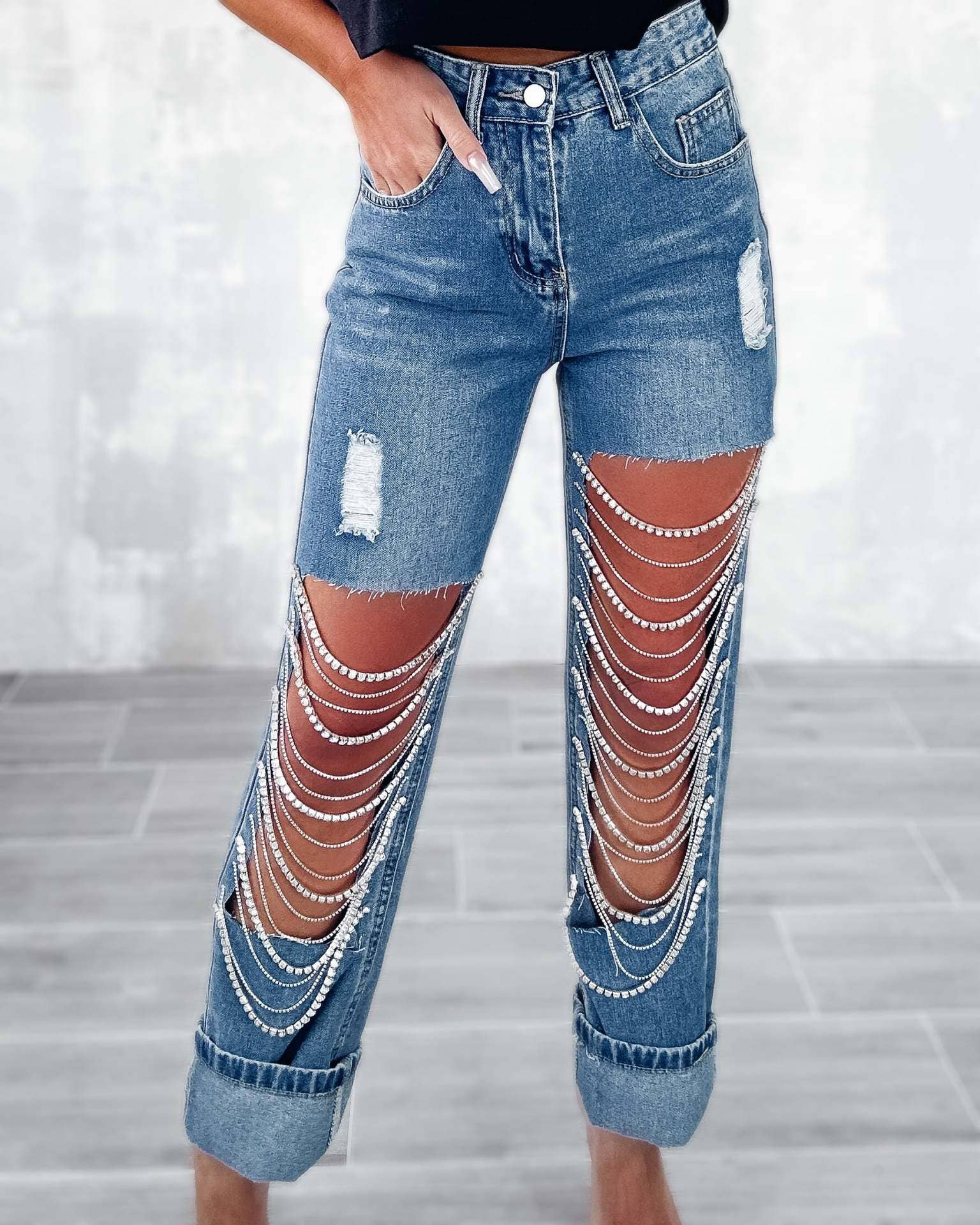 【SCENERITY】Bijou Ripped Denim Denim & Diamonds Rhinestone Chain Ripped Cut Out Jeans – 1st